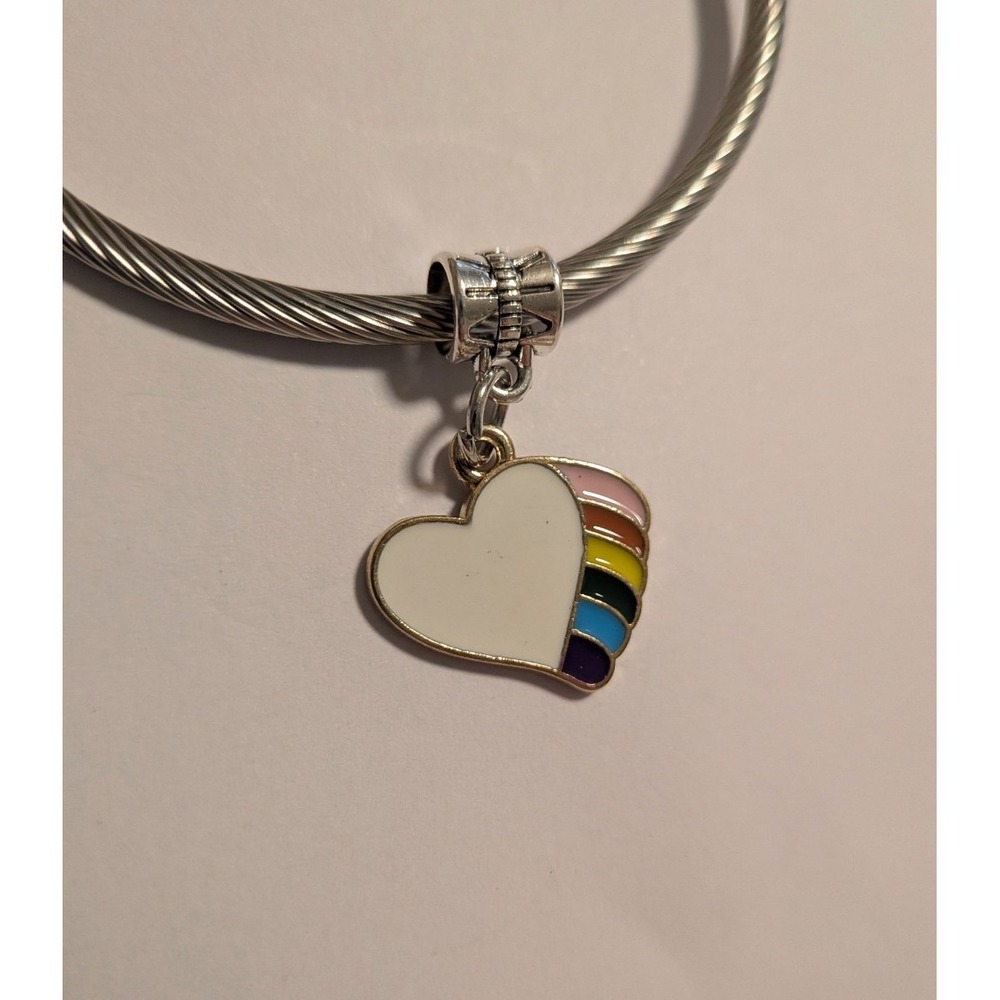 Rainbow Heart Dangle Charm Silver Tone Enamel Pride Jewelry for Bracelets